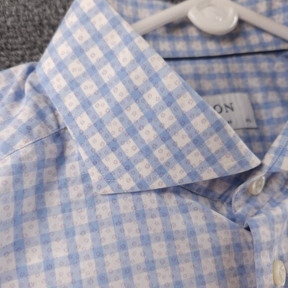 Eton 17.5 Poplin Contemporary Check Geometric Cotton Blue Convertible Cuff Men - Picture 13 of 16